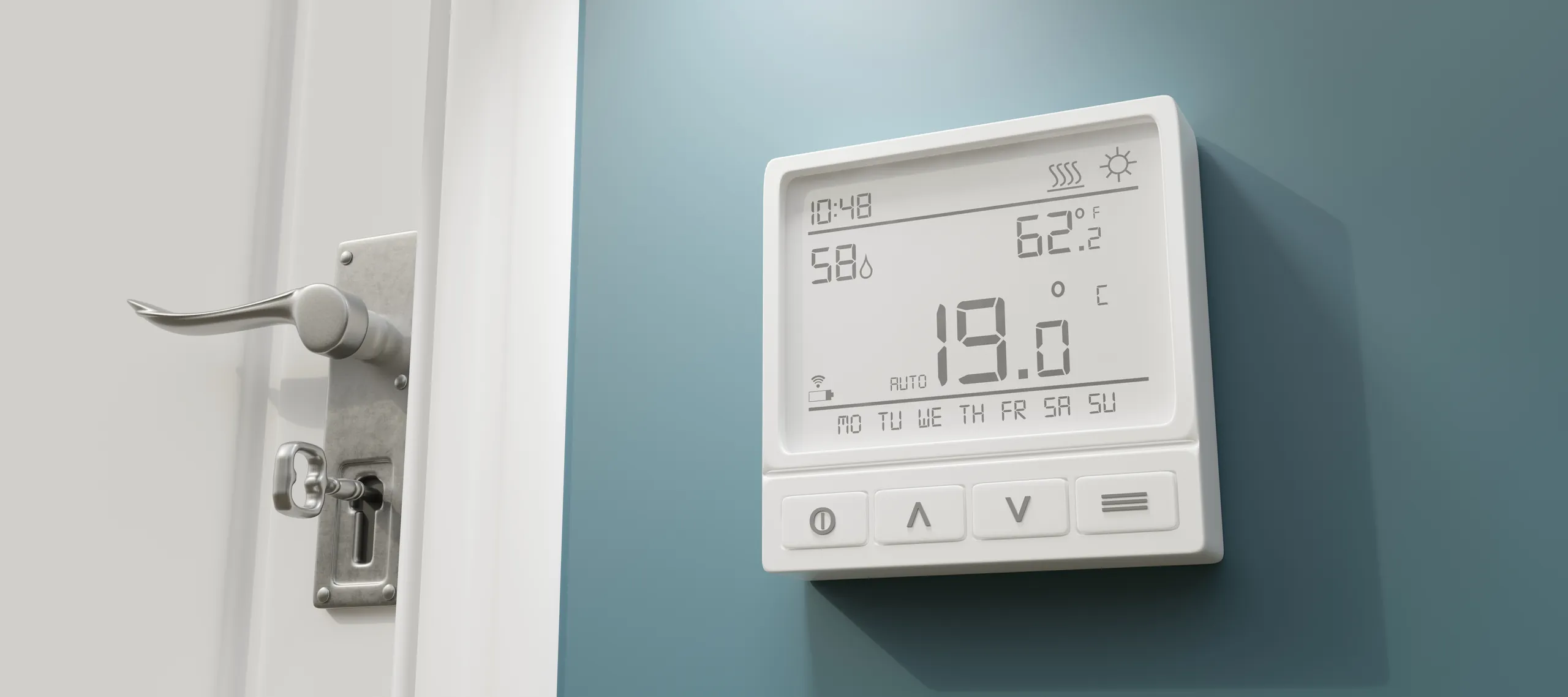 A modern smart thermostat showing the temperature and weekly schedule mounted on a blue wall, next to a white door with a silver handle.